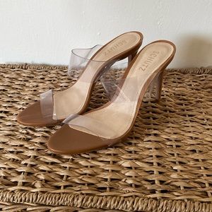 Schutz Heeled Brown Leather and Vinyl Sandals - Size 8